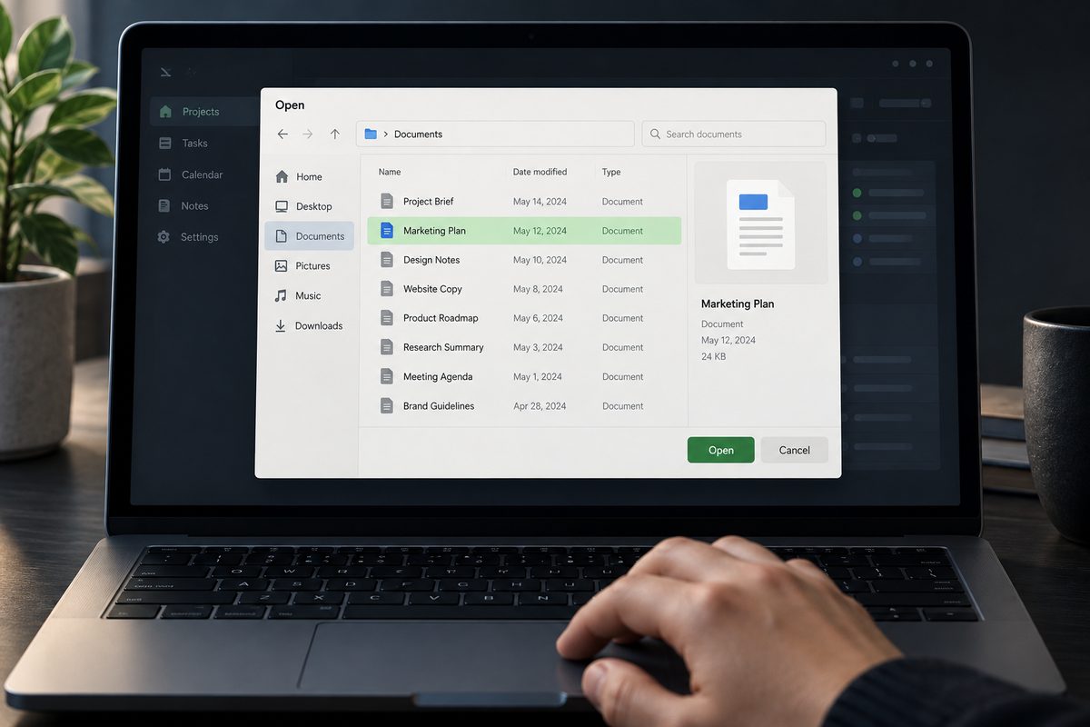 A working document selected as input in an illustrative local file picker.