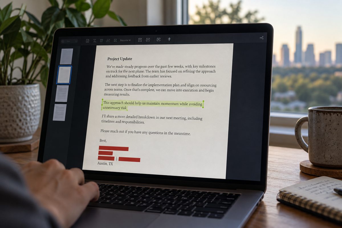 An illustrative document example with identifying details covered before sharing.